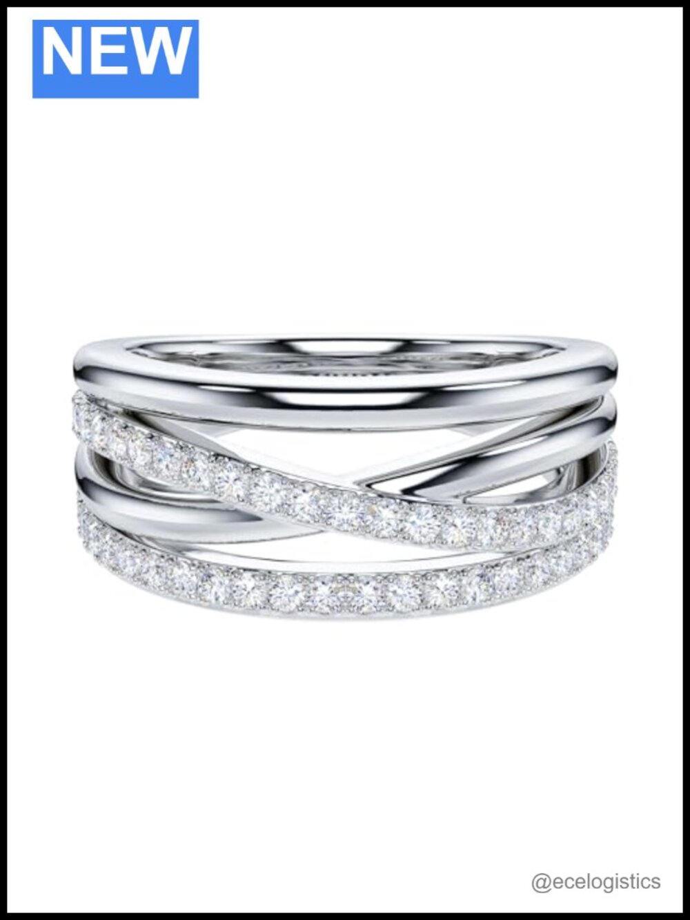 Genuine Moissanite Sterling Silver 8.5mm Four Row Criss Cross Infinity Ring
